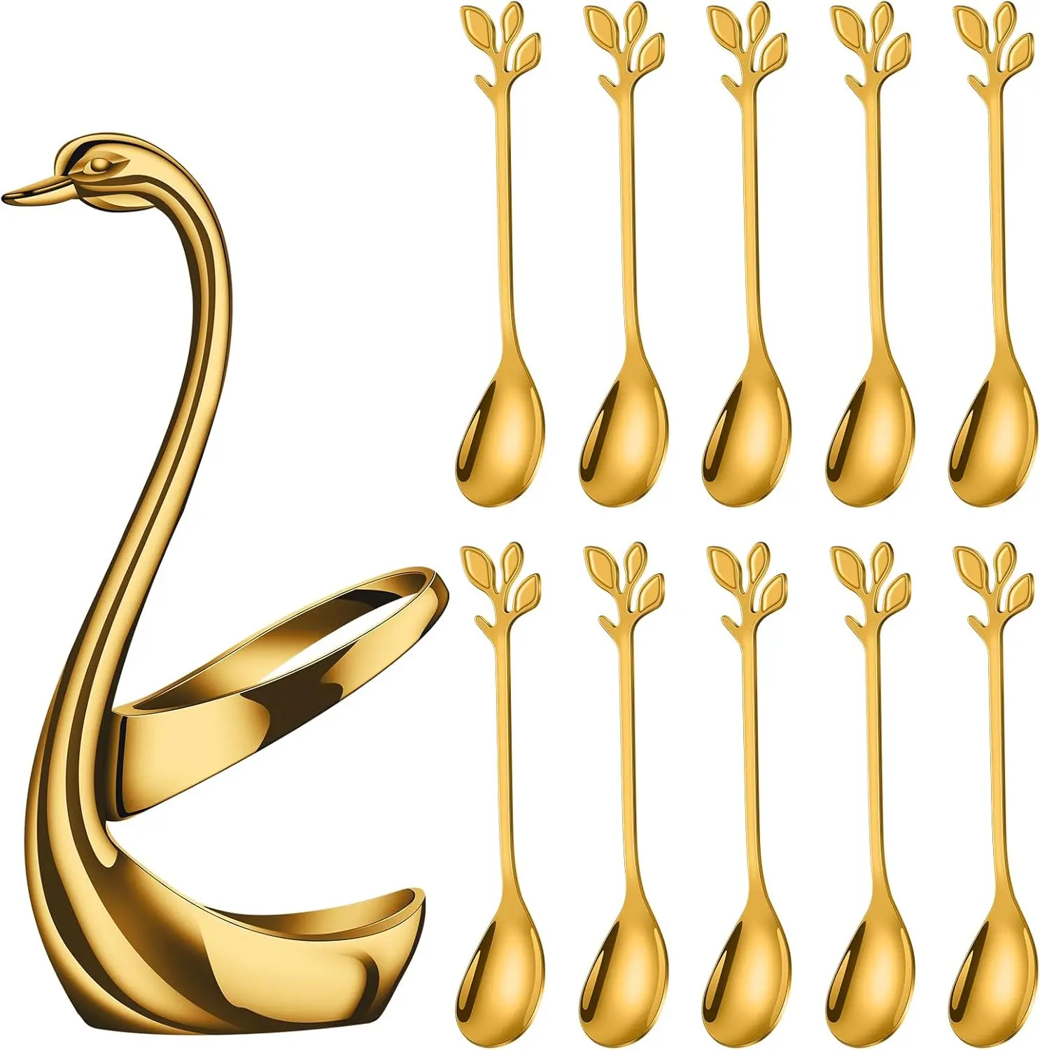 Set of 10 Golden stainless steel teaspoons and coffee spoons, multifunctional fruit and dessert spoons with a swan base cutlery rack, perfect for birthday, family, hotel, party, and Christmas decorations