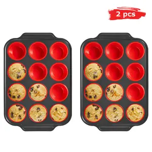 BRONYPRO Silicone Muffin Pan with Metal Frame, Nonstick 12-Cup Cupcake Pans, Easy to Pop Non-Toxic Bakeware for Oven, Gifts For Mom, Steel,Baked
