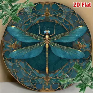 [Vintage Dragonfly Art] Vintage 8x8 Inch Round Aluminum Dragonfly Wall Art Tin Sign, 1pc |   2D Flat, Intricate Golden Patterns, Pre-Drilled Hole for Easy Hanging - Perfect for Home, Garden, Yard & Seasonal Celebrations
