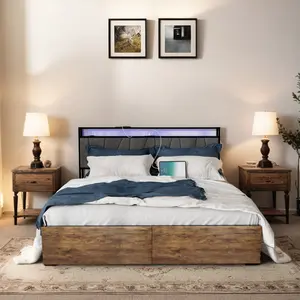 HOLDOLIFE Queen Size Corner Smart Bed Frame with Upholstered LED Headboard, USB Port & Shelves & 2 Storage Drawers, Noise Free, Easy Assembly, Black