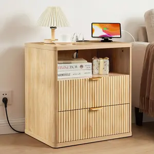 Modern Fluted Nightstand with Charging Station - Wooden Bedside Table with 2 Drawers and Open Shelf ,Multi-Functional End Table for for Bedroom Small Spaces