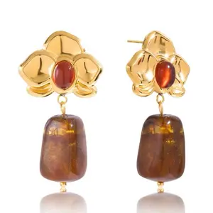 Stainless Steel Earrings Amber Resin Vintage Red Agate Orchid Design Gold Tone Finish