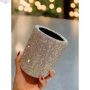 Luxury Round Rhinestone Storage Bucket, Bling Desktop Pen Holder for Office, Exquisite Sparkly Makeup Brush Organizer, Elegant Decorative Desk Accessory for Home, Office and Vanity
