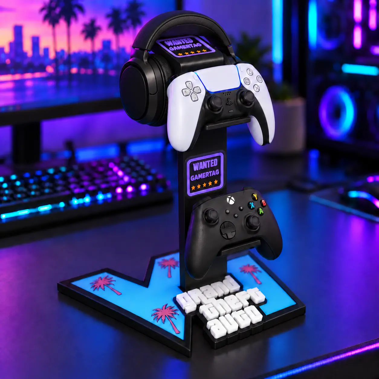 Aesthetic Wanted Gamertag Controller Stand with Palm Tree Design, Gaming Console Accessories for Xbox, PS5 Controllers (PS5 Accessories Included)