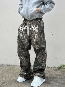 Y2K - Style Men's Jungle Camouflage Full - Print Straight - Leg Sweatpants, with plant - related patterns and artistic fonts in the prints, significant Y2K street style, a high - quality choice for autumn and winter street fashion