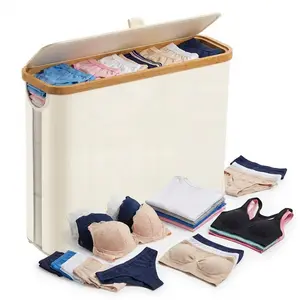 Slim Laundry Basket with Lid, Ultra-Narrow Bamboo & Oxford Fabric Hamper (17.6"x6.1"x14.4"), Breathable Underwear & Socks Organizer for Small Spaces, Space-Saving Storage for Bathroom/Bedroom/Closet, White Grey Black