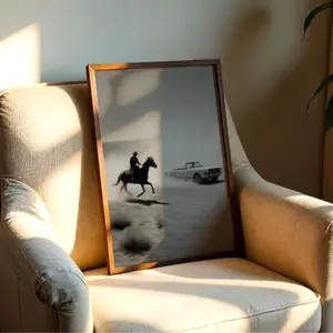 Vintage Cowboy Mustang Racing Poster Retro Black White Western Convertible Sports Art Print