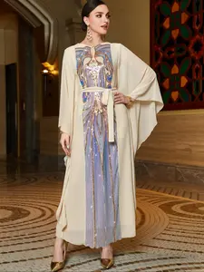 Colorful Butterfly Sleeve Dress, Arabic Long Maxi Dress for Women, Middle Eastern Fashion, Elegant Party Wear