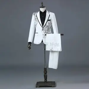 Appliqued Mens Suits Fit 2 Piece Formal Tuxedo Suits Blazer Pants with Bow Tie for Prom