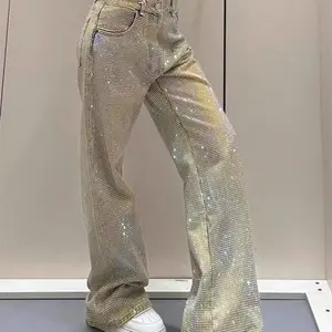 Women’s “Hot Girl” design jeans for summer, covered in rhinestones; straight-leg pants with a high waist, niche star style
