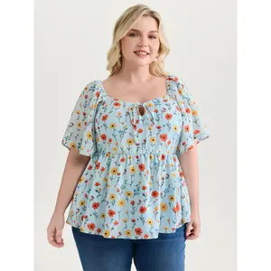 【Summer Turn-Up】BlOOMCHIC Plus Size Sunshine-Ready Floral Print Drawstring Blouse [M-6X] 2026 Summer Pick for Mother's Day