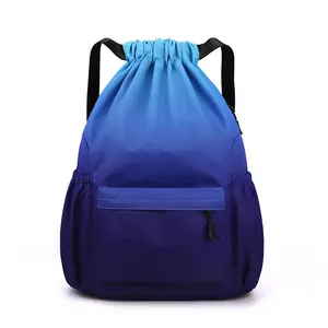 Gradient Drawstring Backpack Water Resistant Gym Sack with Front Pocket Lightweight String Bag for Sports Travel School Large Capacity Adjustable Straps