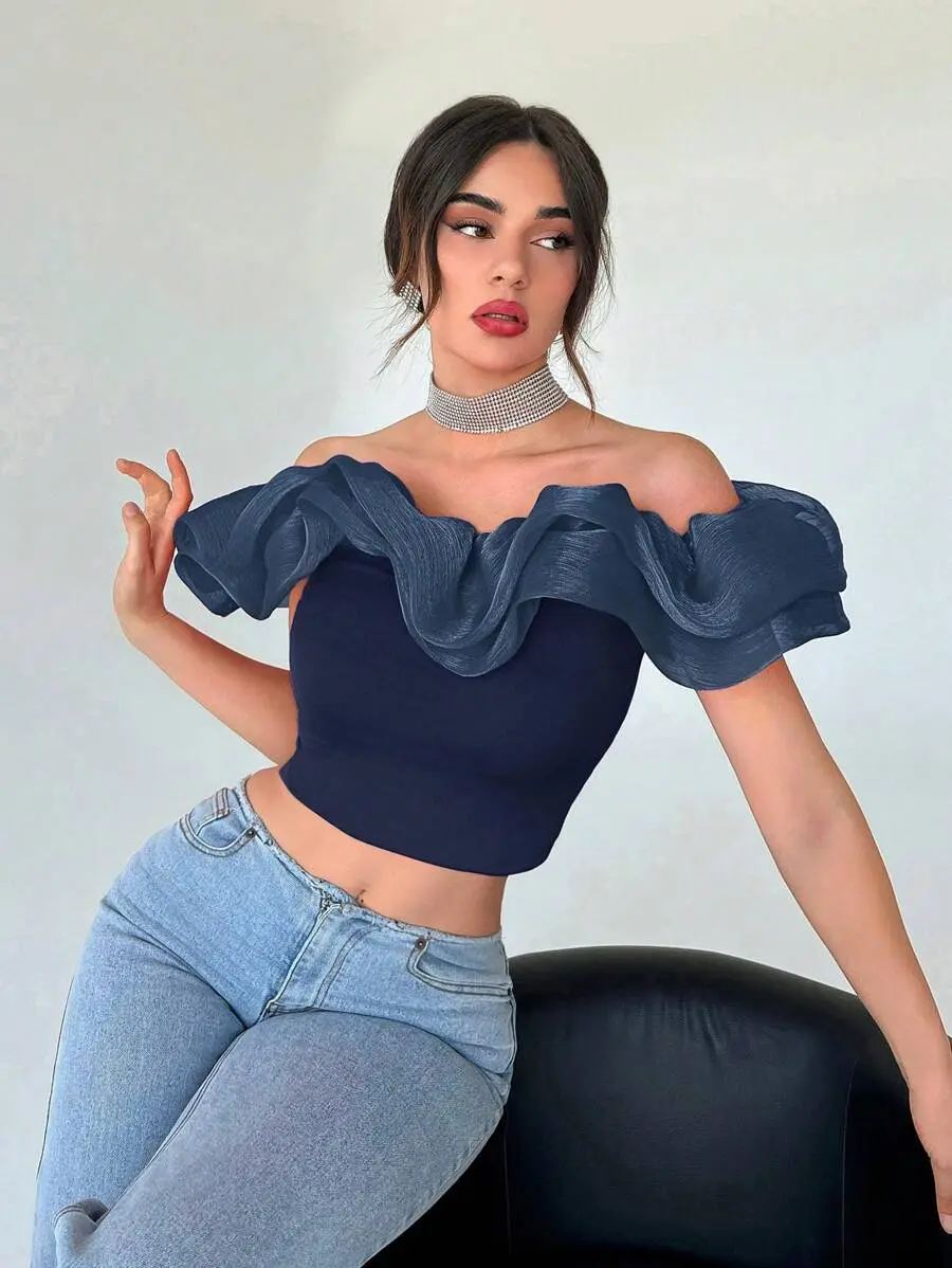 Women's Elegant Off Shoulder Organza Cropped Top,Spring, Going Out Top,Elegant,Sexy Top