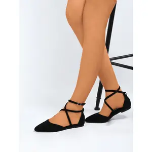 🖤 Black Suede Pointed-Toe Ankle Strap Flats! Crisscross straps slim ankles, soft suede for a luxe slimming look, versatile for work & dates, gentle & timeless!