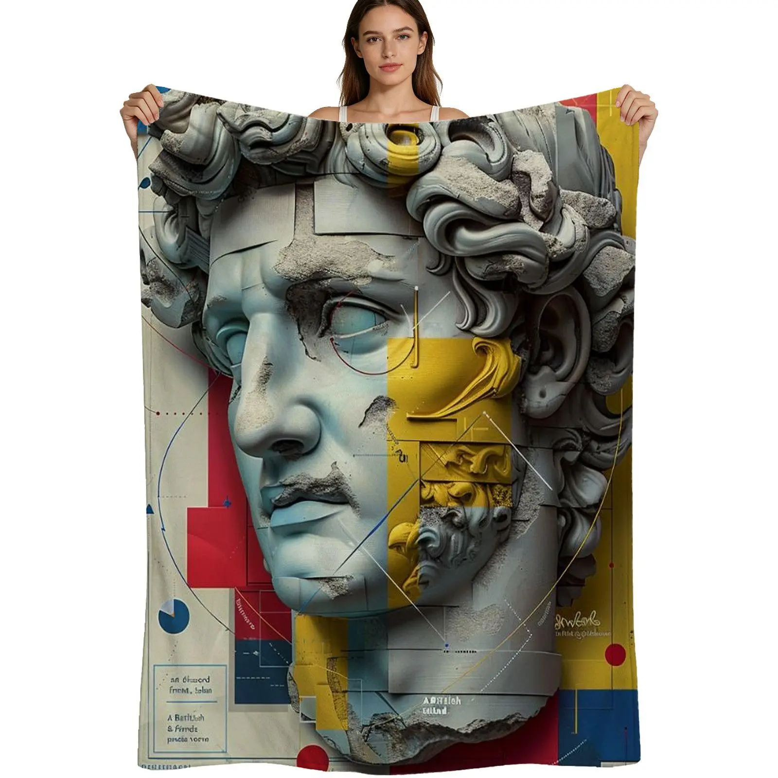 Modern Art Style, Warm Flannel Blanket, Abstract Classical Statue Collage Pattern, Soft Brushed Fabric Detail, For Home Decor And Sofa Use, 4 Sizes Available Single Pack