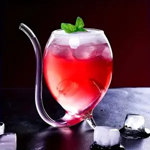 Wine Glass with Built-in Straw, 1 Count Multifunctional Glass Cup for Wine, Juice, Champagne, Ice Cream, Kitchenware, Party Supplies
