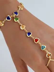 Colorful Hearts Chain Bracelet Ring Attachment Set, Women's Simple Fashion Heart-Shaped Linked Finger Jewelry, Stylish Accessory for Everyday Wear