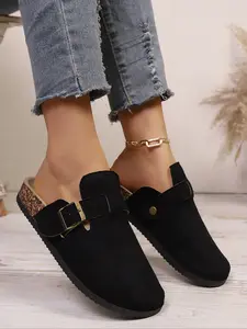 Women's Thick Sole Rubber Boken Half Slippers, Winter Half Slippers, Classic Design, Comfortable and Fashionable, Casual Striped Textile Shoes, Footwear, Soft