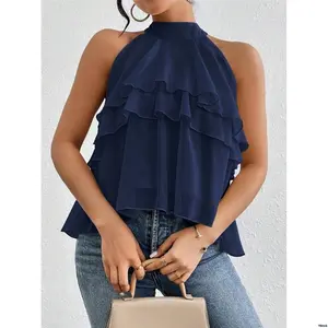 FirerieNeckTieLooseRuffledAsymmetricalChiffonBlouse