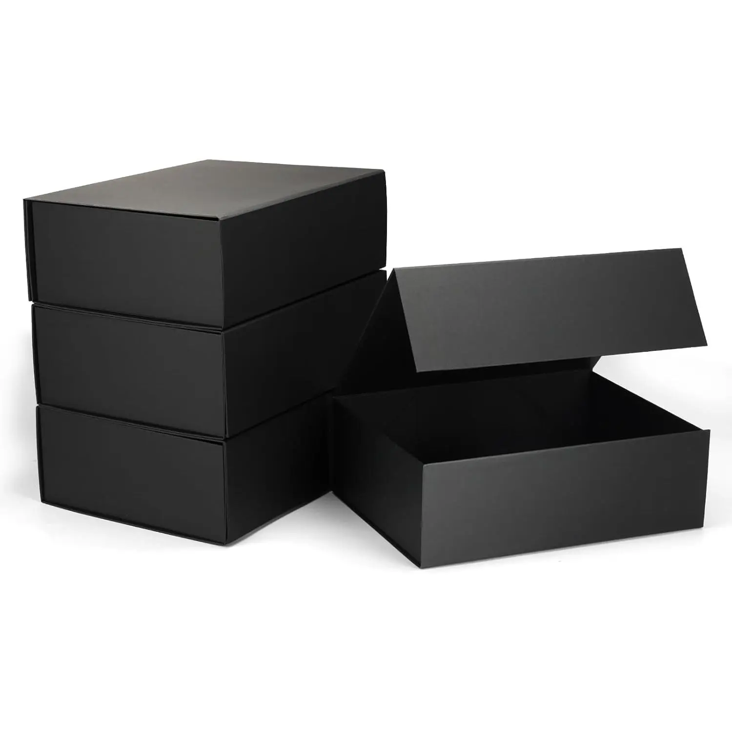 4-Pack 12x9x4in Black Synthetic Collapsible Storage Boxes with Lids, Durable Rigid Paperboard Closure Boxes for Bridesmaid Proposal, Groomsmen, Anniversaries - Reusable Office Stationery Packaging with Secure Hold & Personalized Message Fit