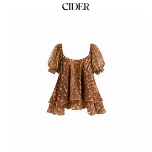 Cider Chiffon U-neckline Deer Print Tie Back Ruffle Puff Sleeve Blouse