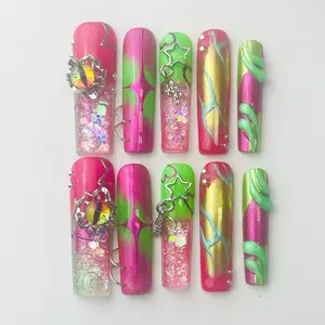 DiDazzle Neon Vine “Vine Spark” Aquarium Press-On Nails – Glow Green Liquid Core Square Jungle Nails, Trending