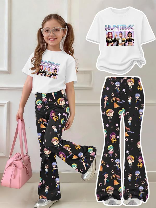 K-Pop Demon Hunters Girl Set, Y2K Sweet Cool Kpop Style, Short Sleeve T-Shirt & Derpy Huntrix Cartoon Pants