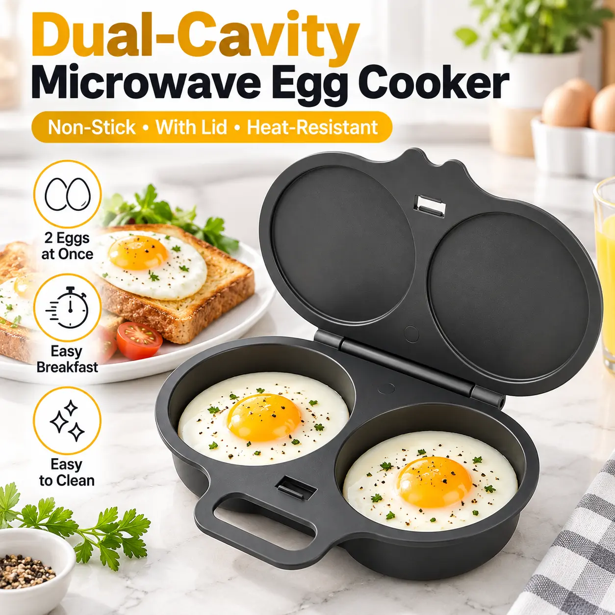 Dual-Cavity Microwave Egg Cooker Non-Stick With Lid Heat-Resistant Easy Breakfast 2 Eggs at Once Easy to Clean