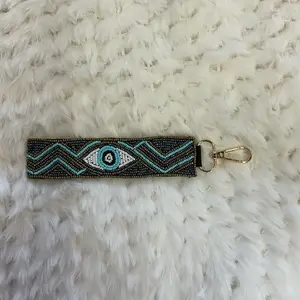 Beaded Keychain - Beaded Design with Geometric Pattern, Includes Clip & Keyring Attachment