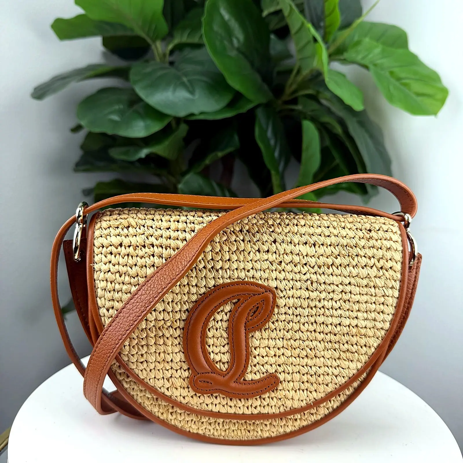 Pre-owned Woven Raffia Crossbody Bags Authentic Christian Louboutin Half Moon Saddle Crossbody Bag