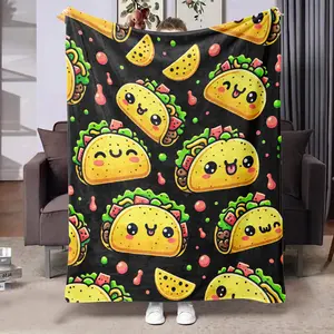 Cute Mexican Roll Theme Flannel Blanket, Full Print Humanized Food Elements, Soft Warm Skin-Friendly, Multi-Purpose Cover for Sofa Bed Office Camping Travel, Food Themed Blanket, Flannel Throw Blankets