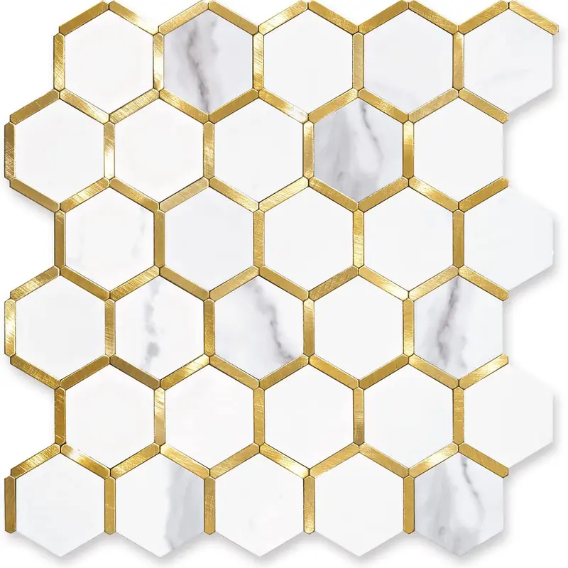 STICKGOO 10Pcs Water Proof Hexagon Peel and Stick Backsplash, Wall Decor Decorations Supplies Stick on Backsplash for Kitchen/Bathroom - White Marble