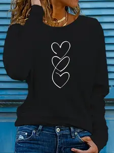 Women's Heart Print Round Neck Long Sleeve Top, Casual Everyday Fitted Shirt, Spring & Fall Essential, Soft Fabric