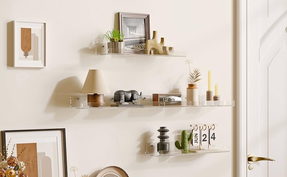 4 Pack Acrylic Floating Shelves-Modern Floating Wall Shelf Set,, 15 Inch Clear Book Shelf – Wall Mounted Display Organizer for Bathroom, Bedroom, Living Room, Kitchen, Classroom Decor- Perfect Valentine and Easter day gift