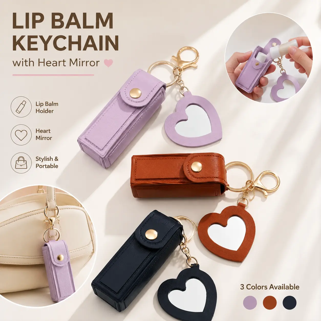 Cute PU Leather Lip Balm Holder Keychain with Heart Mirror, Portable Lipstick Case Bag Charm, Preppy Aesthetic Small Lip Gloss Pouch Key Ring Gift for Teen Girls Women【Back to School】 - MM2