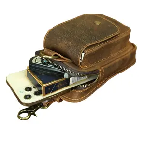 Vintage-Style Crazy Horse Leather Waist Bag - Multi-Functional Phone Hanging Bag with Cowhide Wearing Belt, Genuine Leather Construction, Adjustable Strap, and Multiple Compartments for Organization
