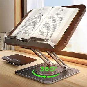 Adjustable 360°Rotating Book Stand for Reading, Ergonomic Black Book Holder with Elastic Page Clips for Cookbooks Magazines Tablets Laptops
