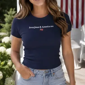 Loves Jesus And America Too Baby Tee, Faith And Freedom Print Baby Tee, 4th Of July Womens, Patriotic Bella Canvas Ribbed Tee, Gift For Her, Available In Sizes XS–2XL