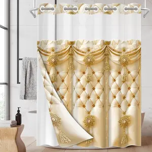 1PC/4PCS 2D Flat Printing Cream White Golden Tassel Patterned shower curtain, Removable Shower Curtain, home bathroom decor, shower curtain set with 12 hooks, non-slip bathroom rug, U-shaped toilet seat cover