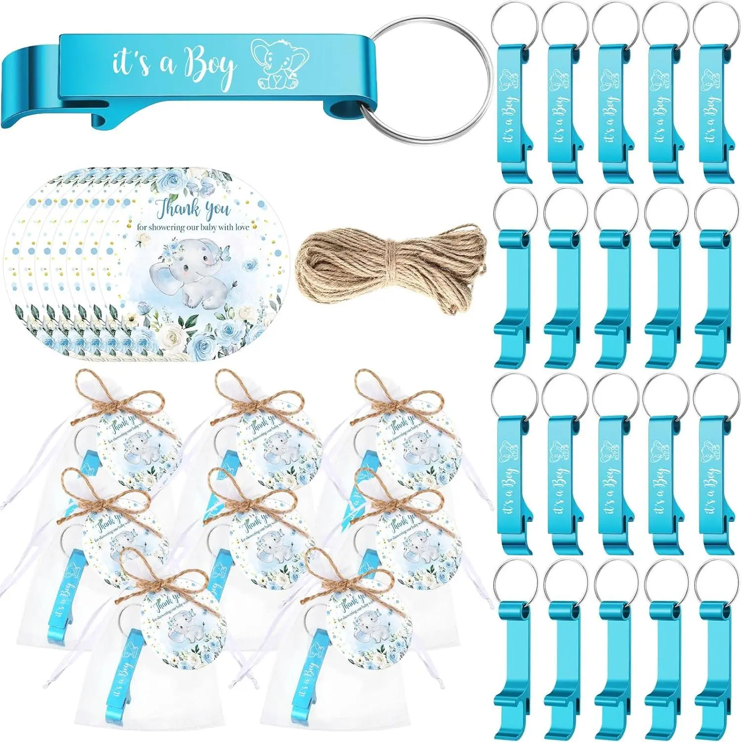 50 Sets  Shower Return Favors for Guests Bottle Opener It's a Boy Elephant Theme  Shower Souvenirs  Opener  with Thank You Card Organza Bag and Jute Twine for Party Gifts