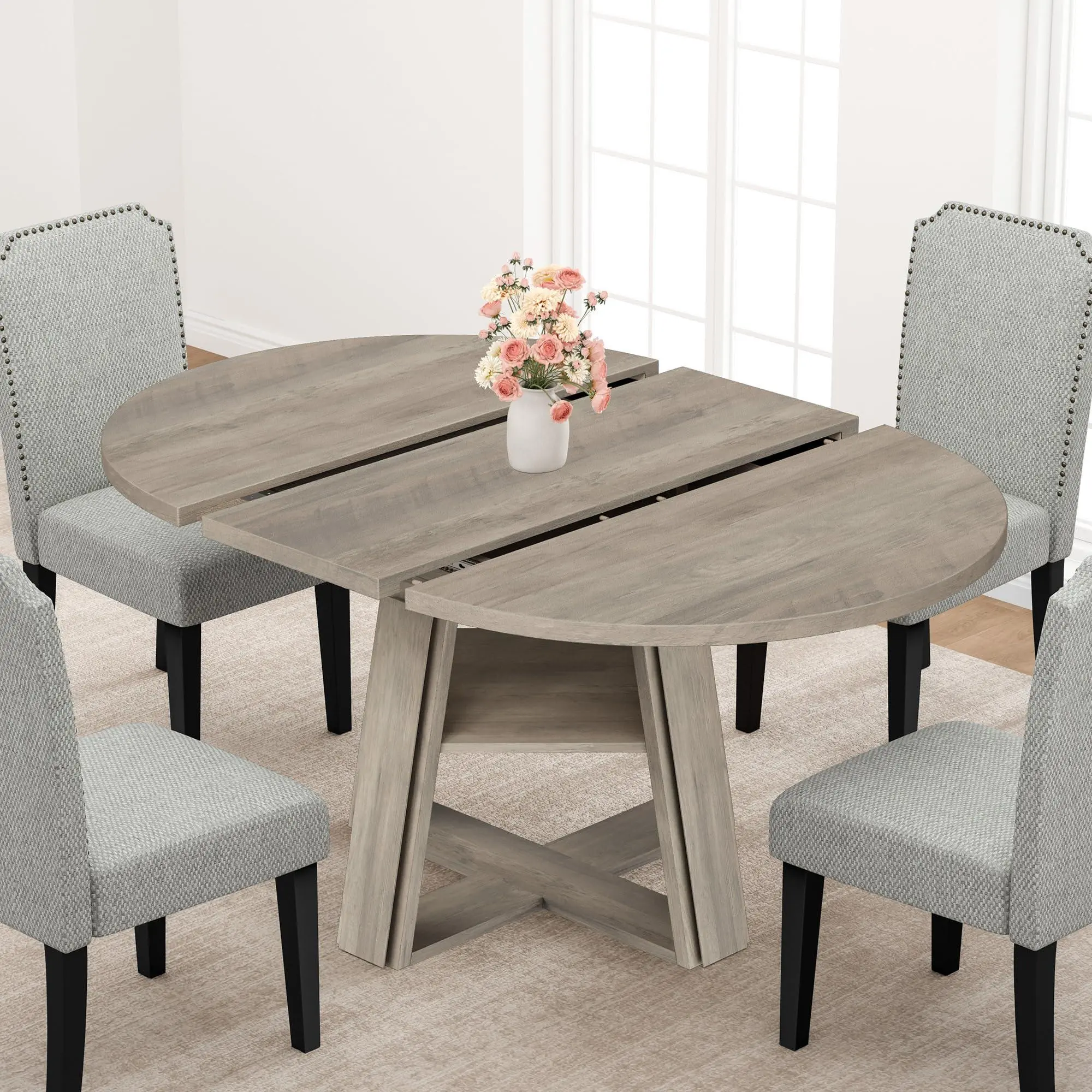 Garvee 43.3 Inch - 59.06 Inch Extendable Round Dining Table for 4-8, Transformer Oval Kitchen Table with Wooden Pedestal Base, Dining Room Table with Storage Shelf for Kitchen, Apartment