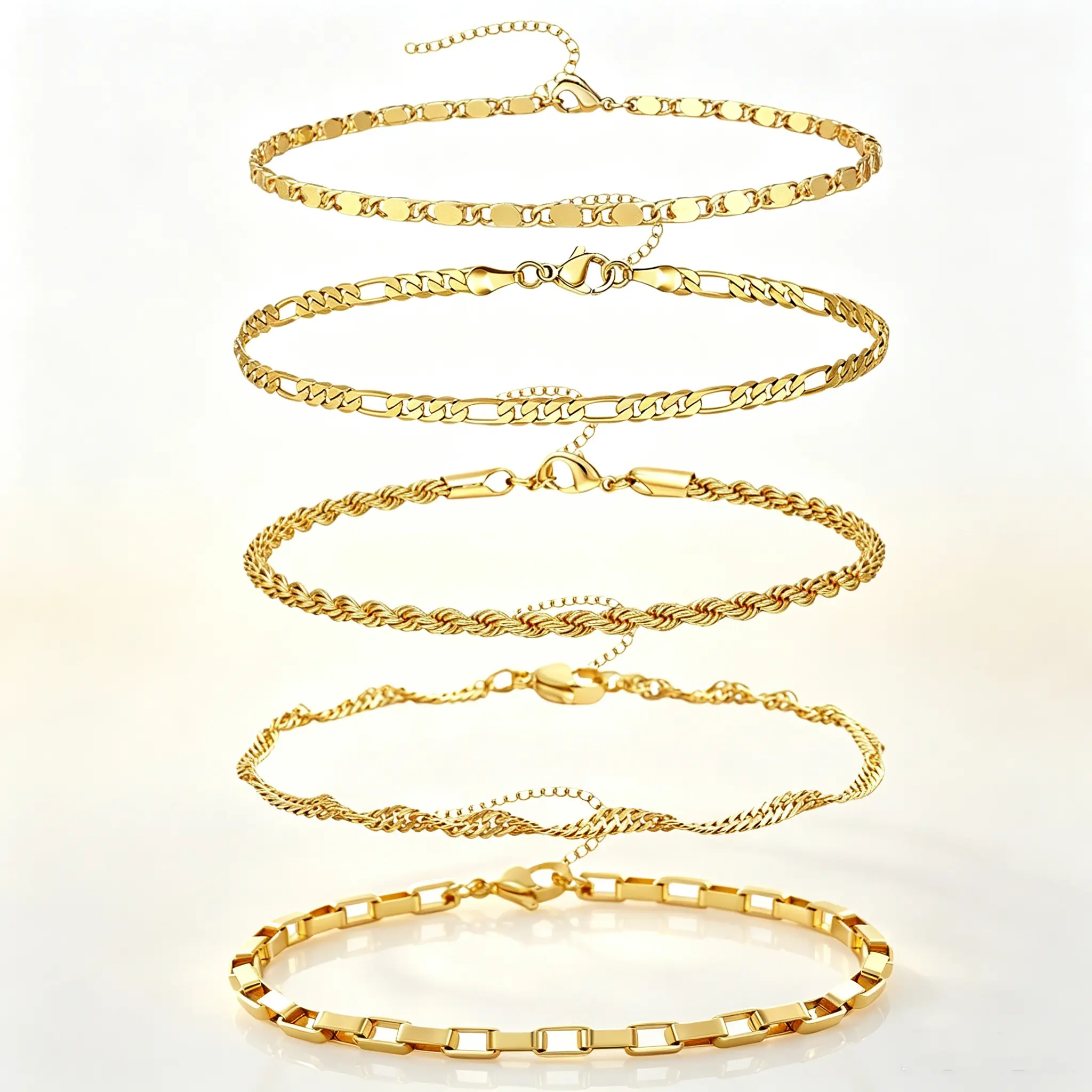Don’t Miss This 5 Styles Gold Dainty Bracelet Stack Set Thin Rope Figaro Box Chain Layering Jewelry For Daily Outfit Party Teen Women AccessoriesDaily Wear Gift for Girlfriend Wife Mom