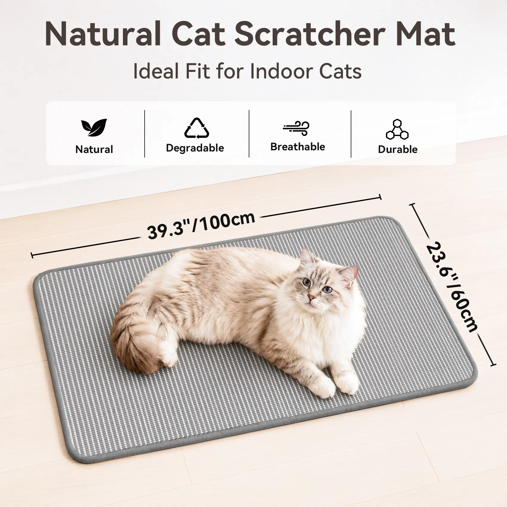 Petinstinct Cat Scratcher Mat, 39.3"x 23.6" Natural Sisal Cat Scratch Mat with Velcro Tape, Scratching Rug Pad for Indoor Cats, Furniture Protector, Floor Carpet, Wall Pad, L, Beige