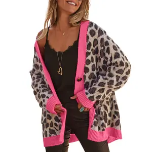 Oversize Color Block Trim Button Down Leopard Print Cardigan