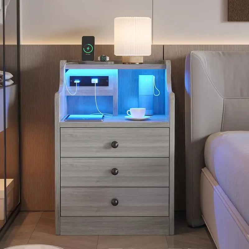 Modern Bedroom Nightstand With Hidden Drawer | 16-color Adjustable LED, Charging Station, And Open Storage, White