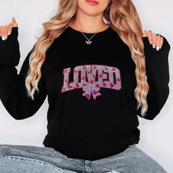 LOVED Long Sleeve Shirt with Sequin Patch & Cute Bow Graphic Tee for Valentine's Day Celebrations Sparkly Design Ideal for Casual Wear