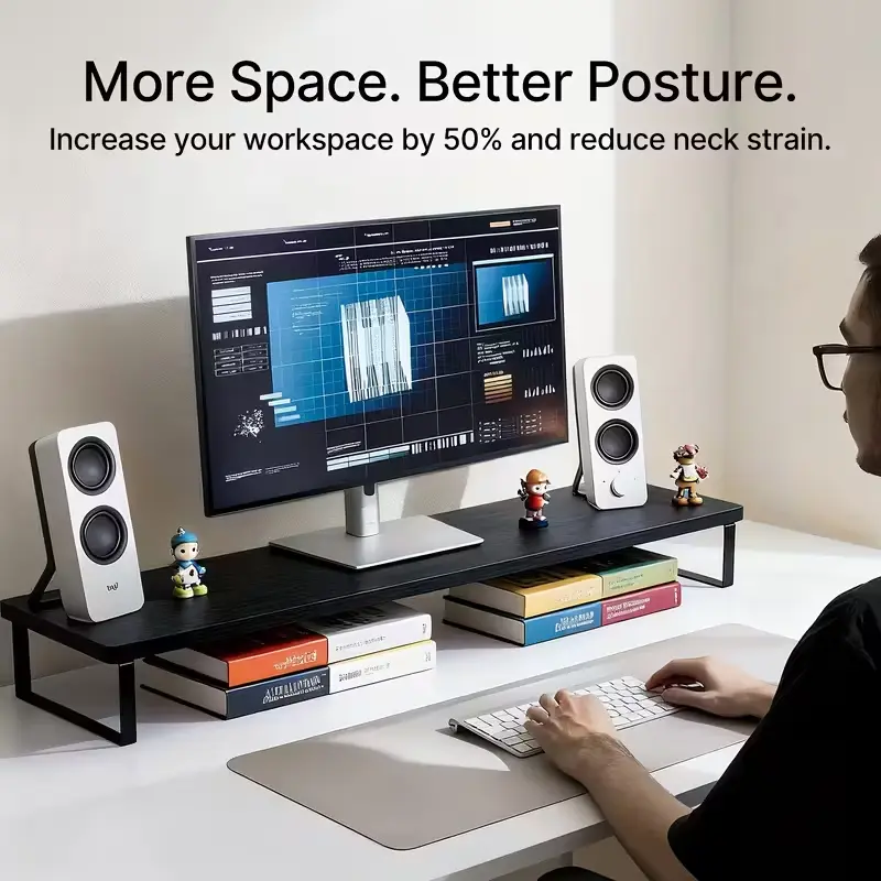 Extra-Long 24-in Base Computer Stand, Office Accessories Desktop Monitor Riser with Spacious Under-Stand Keyboard & Laptop Storage, Sturdy Home Organizer Rack for Remote Work