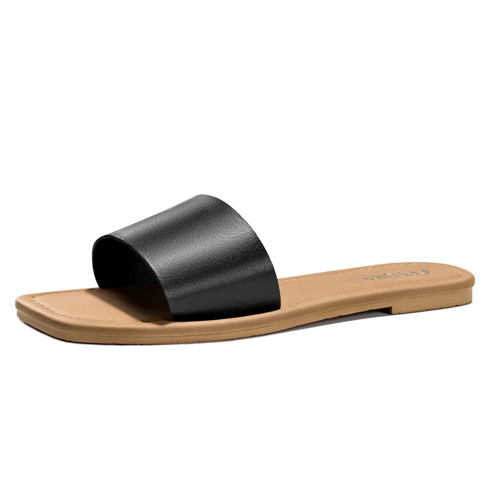 FITORY Flat Sandals for Women Cushioned Square Toe Slide Slippers for Beach & Casual Wear