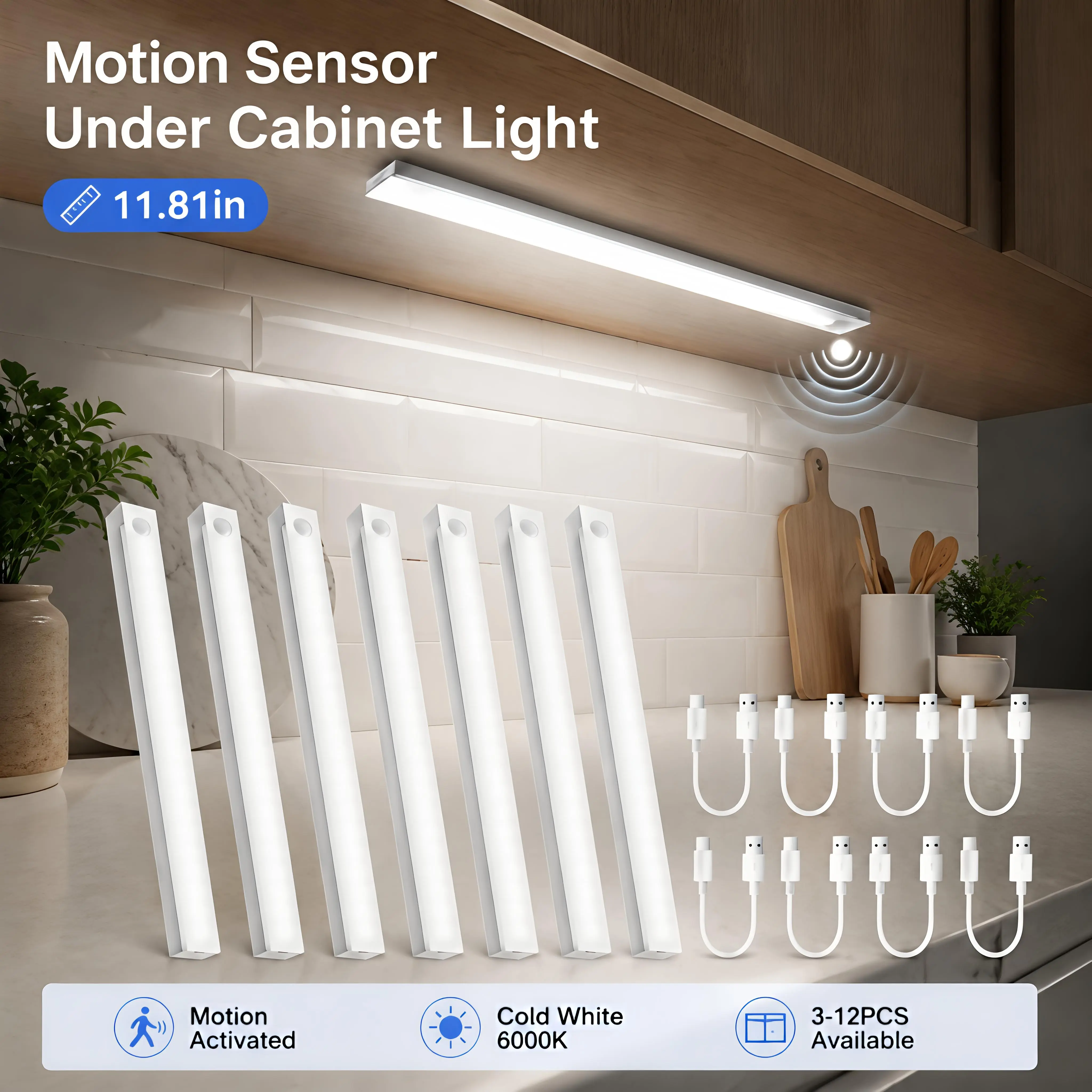 Magnetic Under-Cabinet LED Lights - Rechargeable Motion Sensor, ABS Plastic, Power-Saving, Long-Lasting Lithium Polymer Batteries, Sink-Side Glow, Bright Illumination, Slim Downlight Fit, Rechargeable Cuts Cord Clutter for Kitchen Festive Decor