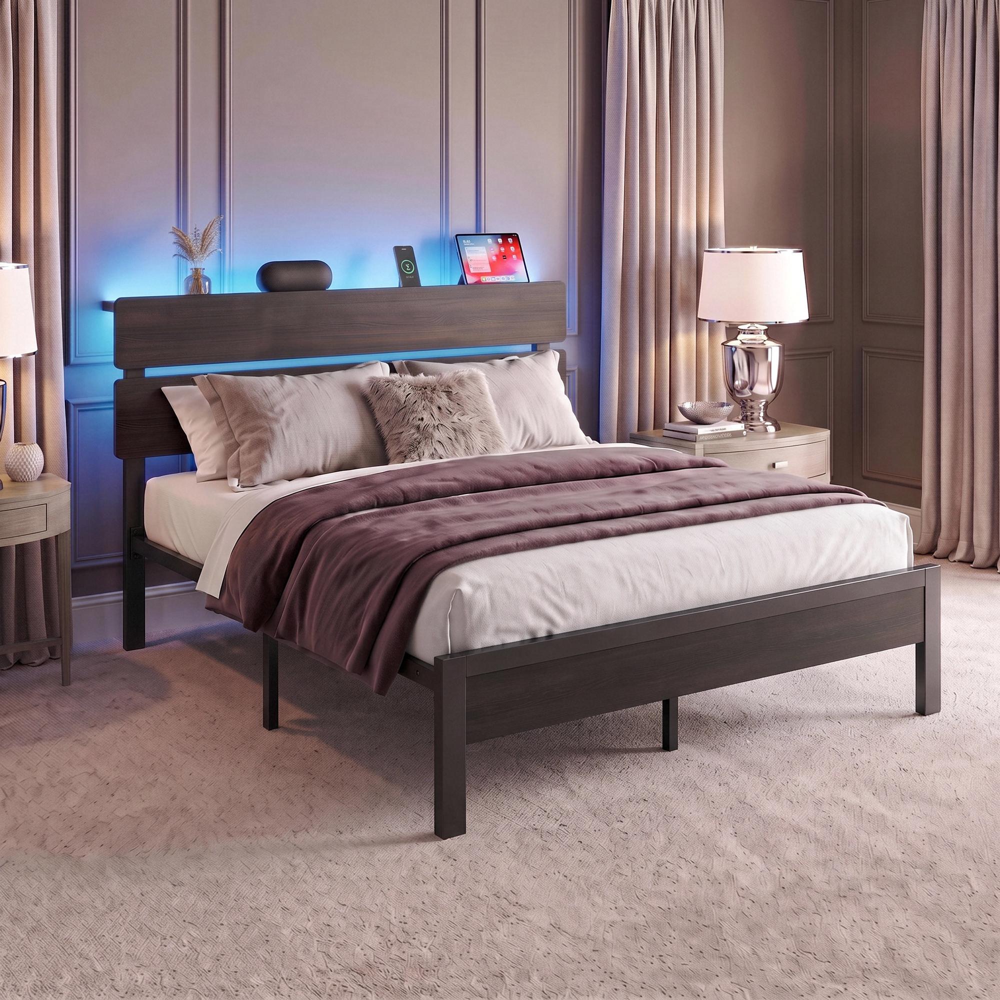 MUTICOR LED Bed Frame with 2 Fabric Storage Drawers, Charging Station & MDF Storage Headboard, Steel Slat Platform Bed with Underbed Storage, No Box Spring Needed